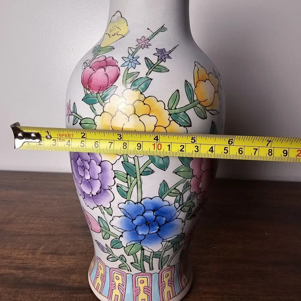 Vintage Oriental Porcelain Vase Hand-Painted Peony Floral Motif Chinoiserie 12
